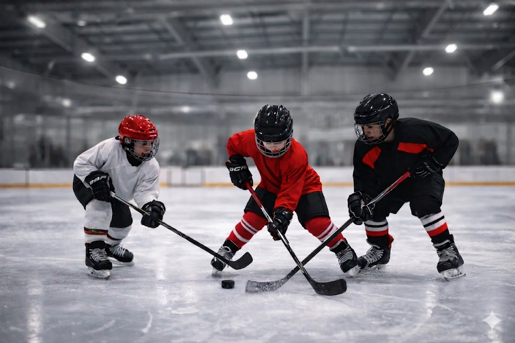 Young hockey players in a faceoff battling for the puck